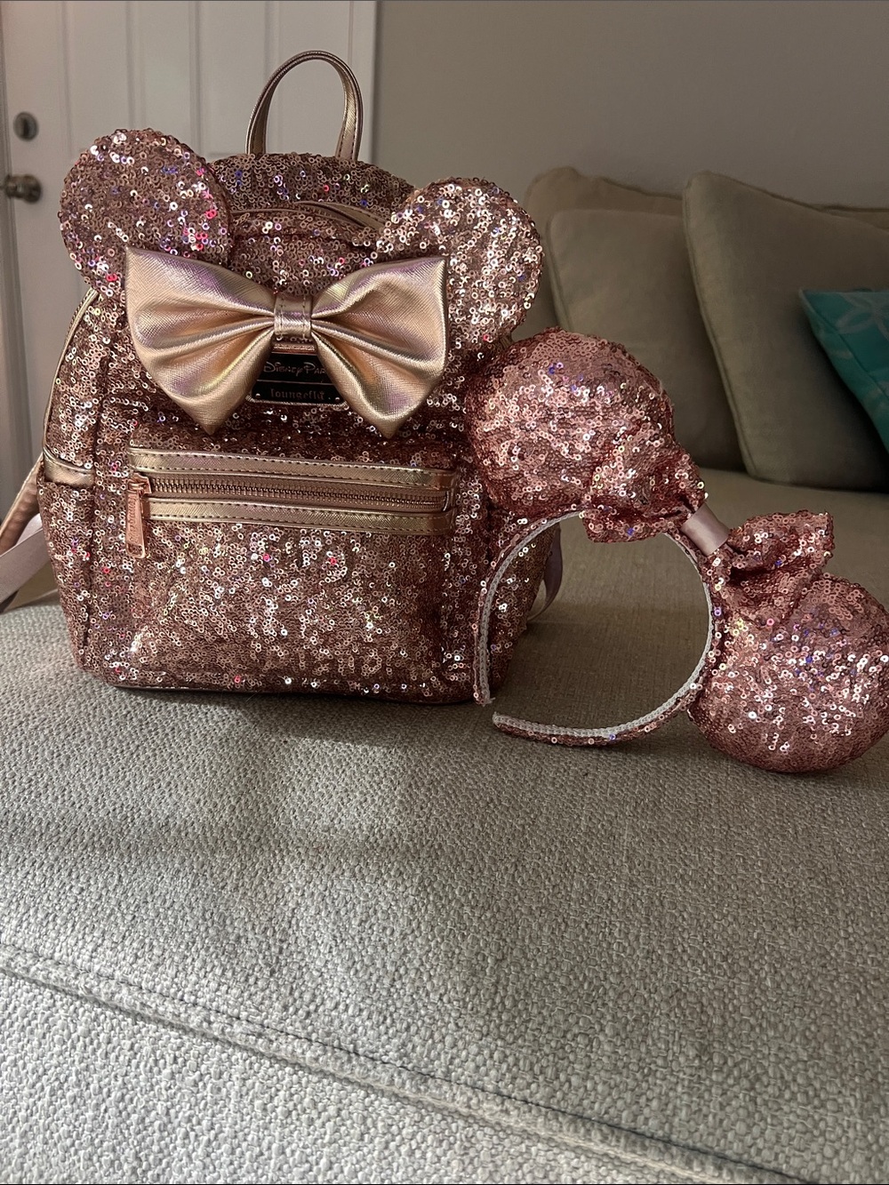 Disney Rose Gold Sequin Minnie Backpack with Matching Ear Headband